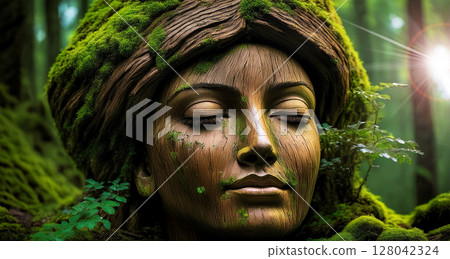 Wooden Sculpture Covered with Moss and Leaves in a Green Forest - Generative Ai 128042324