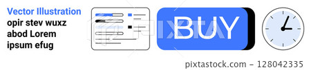 Chart inserts, large blue BUY button, and clock icon. Ideal for web design, interface navigation, user experience, online purchasing, time management, eCommerce, digital platforms. Landing page Chart inserts, large blue BUY button, and clock icon. Ideal for web design, interface navigation, user experience, online purchasing, time management, eCommerce, digital platforms. Landing page 128042335