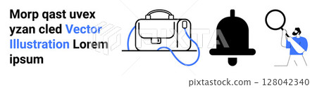 Briefcase with strap, large notification bell, individual holding magnifying glass. Ideal for business, notifications, alerts, research, search, magnification, office tools Landing page 128042340