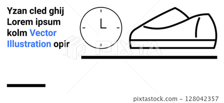 Shoes, a clock, and placeholder text in a minimalist black-and-white vector style. Ideal for digital design, time management, footwear industry, modern art, simplicity, monochrome themes, and layout 128042357