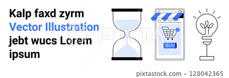 Hourglass, mobile phone with a shopping cart Buy button, lightbulb. Ideal for time management, e-commerce, online shopping, creative ideas, innovation, business, digital marketing 128042365