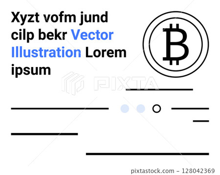 Bitcoin logo inside a circle, horizontal text blocks, and dots in various configurations. Ideal for cryptocurrency, modern tech, blockchain, digital currency, finance, fintech, online transactions 128042369