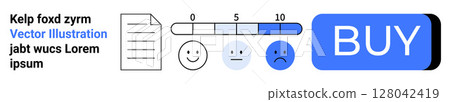 Paper document, rating scale from 0-10, happy, neutral, sad emoticons, blue BUY button, sample text. Ideal for website design, e-commerce, user feedback, ratings, customer satisfaction, purchase 128042419