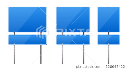 Three blue road signs stand ready to provide direction and information. 128042422