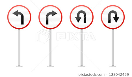 Collection of traffic signs instructing to turn left, right and u-turn. Collection of traffic signs instructing to turn left, right and u-turn. 128042439