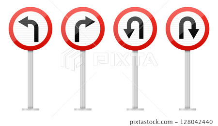 Directional Signs for Traffic: Left, Right and U-turn Options at the Junction Directional Signs for Traffic: Left, Right and U-turn Options at the Junction 128042440