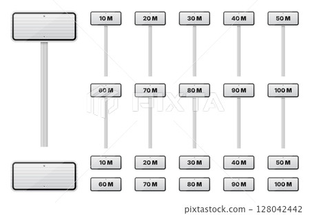 Range of numbered road signs with various distances from 10 to 100 meters. Range of numbered road signs with various distances from 10 to 100 meters. 128042442