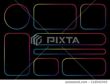 Geometric shapes with rainbow gradient borders over black background Geometric shapes with rainbow gradient borders over black background 128042443