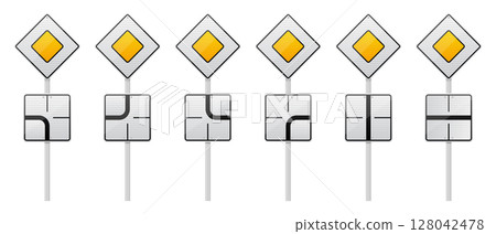 Road signs indicating priority and intersection configurations on white background Road signs indicating priority and intersection configurations on white background 128042478