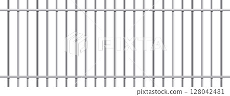 Repeating geometric pattern of parallel metal bars set against a bright white background 128042481