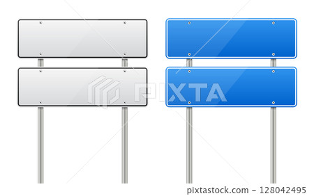 Blank road signs on poles, one white and one blue, ready for customization 128042495