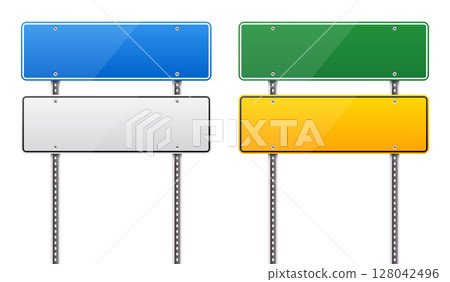 Colorful signposts stand ready, guiding travelers with their vibrant hues. 128042496