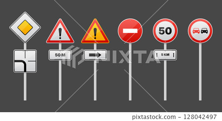 Road signs indicating various traffic regulations and warnings for drivers. 128042497
