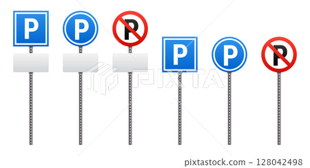 Parking and No Parking signs indicating parking availability and restrictions 128042498