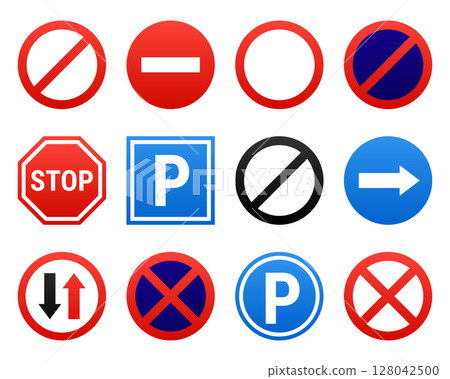 Road Signs: Collection of regulatory symbols for traffic control and safety. 128042500