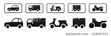Various silhouettes of vehicles including cars, trucks, and motorcycles. 128042501