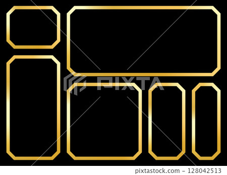 Golden geometric frames arranged against a stark black background, minimal and modern. 128042513