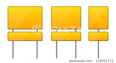 Set of three yellow traffic signage boards mounted on metal posts, isolated. 128042515
