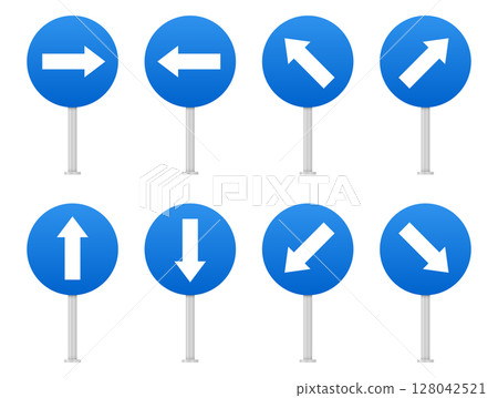 Collection of blue directional signs with different arrow orientations. 128042521
