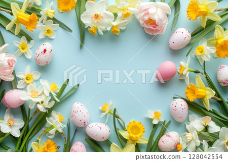 Spring daffodils and tulips with Easter eggs on pastel blue background Spring daffodils and tulips with Easter eggs on pastel blue background 128042554