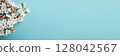 Spring flowers blossoms on pastel blue background. Floral long banner 128042567