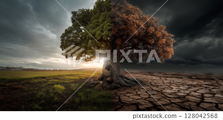 The Global Warming Concept - Half Bare and Half Green Tree - Generative Ai 128042568
