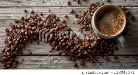 Top View of an Espresso Coffee Cup above a Roasted Coffee Beans - Generative Ai 128042571