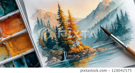 Watercolor and Ink Illustration of an Autumn Mountain Landscape with a Lake - Generative Ai 128042575
