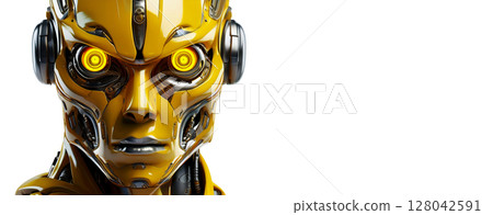 Yellow Robot Head With Bright Eyes Isolated on White Background - Generative Ai 128042591