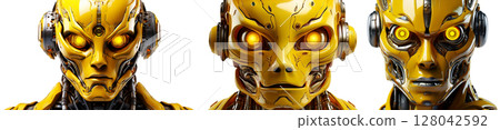 Yellow Robot Heads With Bright Eyes Isolated on White Background - Generative Ai 128042592