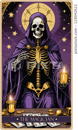 A watercolor skeleton Tarot card 'The Magician'. Major arcana set part . Vector hand drawn engraved style. Occult and alchemy symbolism. A watercolor skeleton Tarot card 'The Magician'. Major arcana set part . Vector hand drawn engraved style. Occult and alchemy symbolism. 128042622