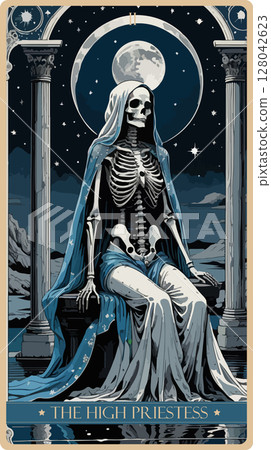A watercolor skeleton Tarot card 'The High Priestess'. Major arcana set part . Vector hand drawn engraved style. Occult and alchemy symbolism. A watercolor skeleton Tarot card 'The High Priestess'. Major arcana set part . Vector hand drawn engraved style. Occult and alchemy symbolism. 128042623