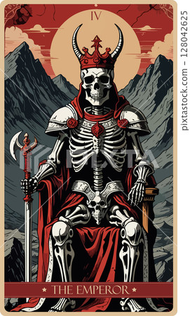 A watercolor skeleton Tarot card 'The Emperor'. Major arcana set part . Vector hand drawn engraved style. Occult and alchemy symbolism. 128042625