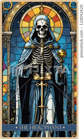 A watercolor skeleton Tarot card 'The Hierophant'.Major arcana set part . Vector hand drawn engraved style. Occult and alchemy symbolism. 128042626