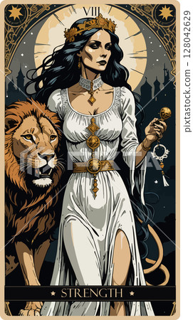 A watercolor skeleton Tarot card 'Strength'.Major arcana set part . Vector hand drawn engraved style. Occult and alchemy symbolism. A watercolor skeleton Tarot card 'Strength'.Major arcana set part . Vector hand drawn engraved style. Occult and alchemy symbolism. 128042629