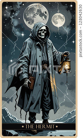 A watercolor skeleton Tarot card 'The Hermit'. Major arcana set part . Vector hand drawn engraved style. Occult and alchemy symbolism. A watercolor skeleton Tarot card 'The Hermit'. Major arcana set part . Vector hand drawn engraved style. Occult and alchemy symbolism. 128042630