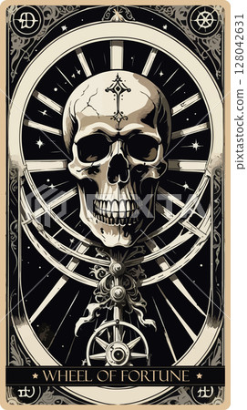 A watercolor skeleton Tarot card 'Wheel of Fortune'.Major arcana set part . Vector hand drawn engraved style. Occult and alchemy symbolism. A watercolor skeleton Tarot card 'Wheel of Fortune'.Major arcana set part . Vector hand drawn engraved style. Occult and alchemy symbolism. 128042631