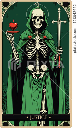 A watercolor skeleton Tarot card 'Justice'.Major arcana set part . Vector hand drawn engraved style. Occult and alchemy symbolism. A watercolor skeleton Tarot card 'Justice'.Major arcana set part . Vector hand drawn engraved style. Occult and alchemy symbolism. 128042632