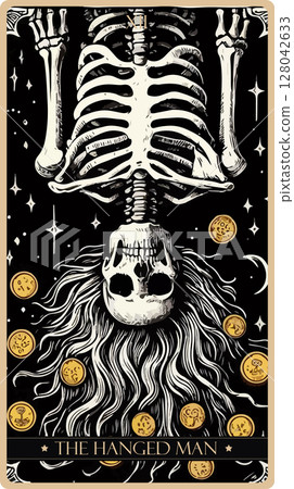 A watercolor skeleton Tarot card 'The Hanged Man'.Major arcana set part . Vector hand drawn engraved style. Occult and alchemy symbolism. 128042633