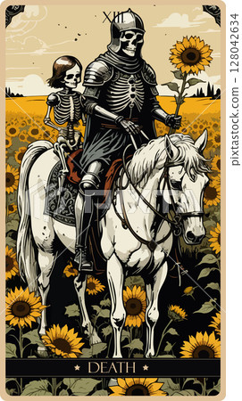 A watercolor skeleton Tarot card 'Death'. Major arcana set part . Vector hand drawn engraved style. Occult and alchemy symbolism. A watercolor skeleton Tarot card 'Death'. Major arcana set part . Vector hand drawn engraved style. Occult and alchemy symbolism. 128042634