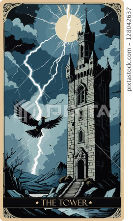 A watercolor skeleton Tarot card 'The Tower'. Major arcana set part . Vector hand drawn engraved style. Occult and alchemy symbolism. A watercolor skeleton Tarot card 'The Tower'. Major arcana set part . Vector hand drawn engraved style. Occult and alchemy symbolism. 128042637