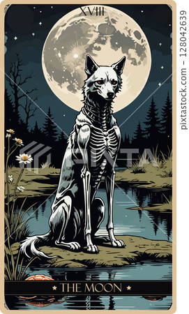A watercolor skeleton Tarot card 'The Moon'. Major arcana set part . Vector hand drawn engraved style. Occult and alchemy symbolism. 128042639