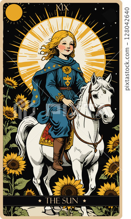 A watercolor skeleton Tarot card 'The Sun'.Major arcana set part . Vector hand drawn engraved style. Occult and alchemy symbolism. A watercolor skeleton Tarot card 'The Sun'.Major arcana set part . Vector hand drawn engraved style. Occult and alchemy symbolism. 128042640