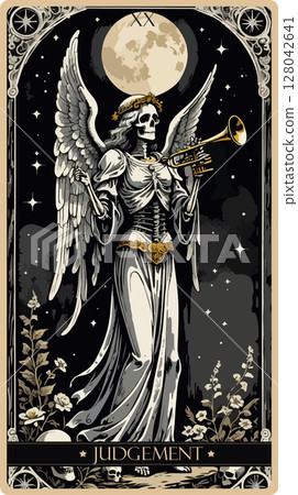 A watercolor skeleton Tarot card 'Judgment'. Major arcana set part . Vector hand drawn engraved style. Occult and alchemy symbolism. A watercolor skeleton Tarot card 'Judgment'. Major arcana set part . Vector hand drawn engraved style. Occult and alchemy symbolism. 128042641