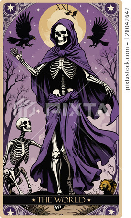 A watercolor skeleton Tarot card 'The World'.Major arcana set part . Vector hand drawn engraved style. Occult and alchemy symbolism. 128042642