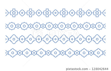 Oriental style line arabic mosaic border set. Simple geometric indian, arabic, moroccan, thai seamless border patterns. 128042644