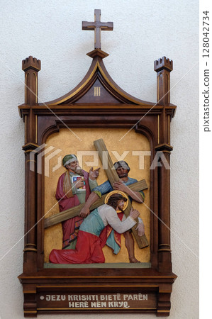 3rd Stations of the Cross, Jesus falls the first time, Mother Teresa cathedral in Vau i Dejes, Albania 3rd Stations of the Cross, Jesus falls the first time, Mother Teresa cathedral in Vau i Dejes, Albania 128042734