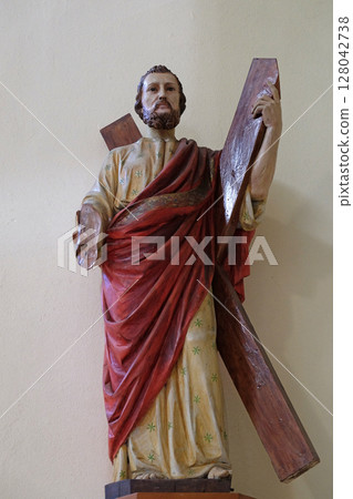 Saint Andrew Apostle statue in Franciscan church in Shkoder, Albania Saint Andrew Apostle statue in Franciscan church in Shkoder, Albania 128042738