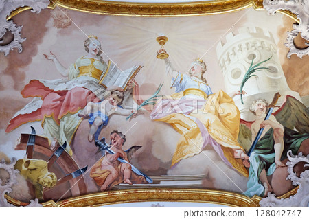 Saint Catherine and Saint Barbara, fresco by Matthaus Gunther in Benedictine monastery church in Amorbach, Germany Saint Catherine and Saint Barbara, fresco by Matthaus Gunther in Benedictine monastery church in Amorbach, Germany 128042747