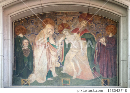 Holy Trinity and saints Felix and Regula, fresco on the Fraumunster church in Zurich, Switzerland Holy Trinity and saints Felix and Regula, fresco on the Fraumunster church in Zurich, Switzerland 128042748